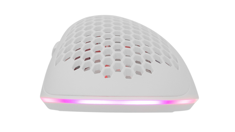 Myš White Shark WGM-5012 Lionel White v bílém provedení na neutrálním pozadí zezadu s důrazem na RGB podsvícení